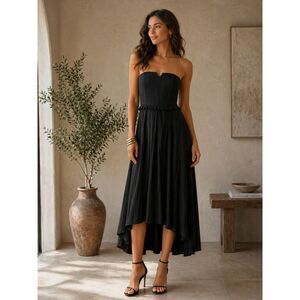 Elizabeth & James Strapless Black Midi Dress High Low Formal Chic w Pockets Sm
